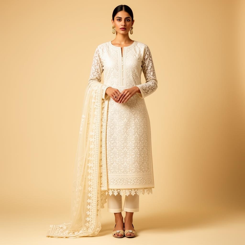 Ivory Hand-Embroidered Chikankari Kurta Set