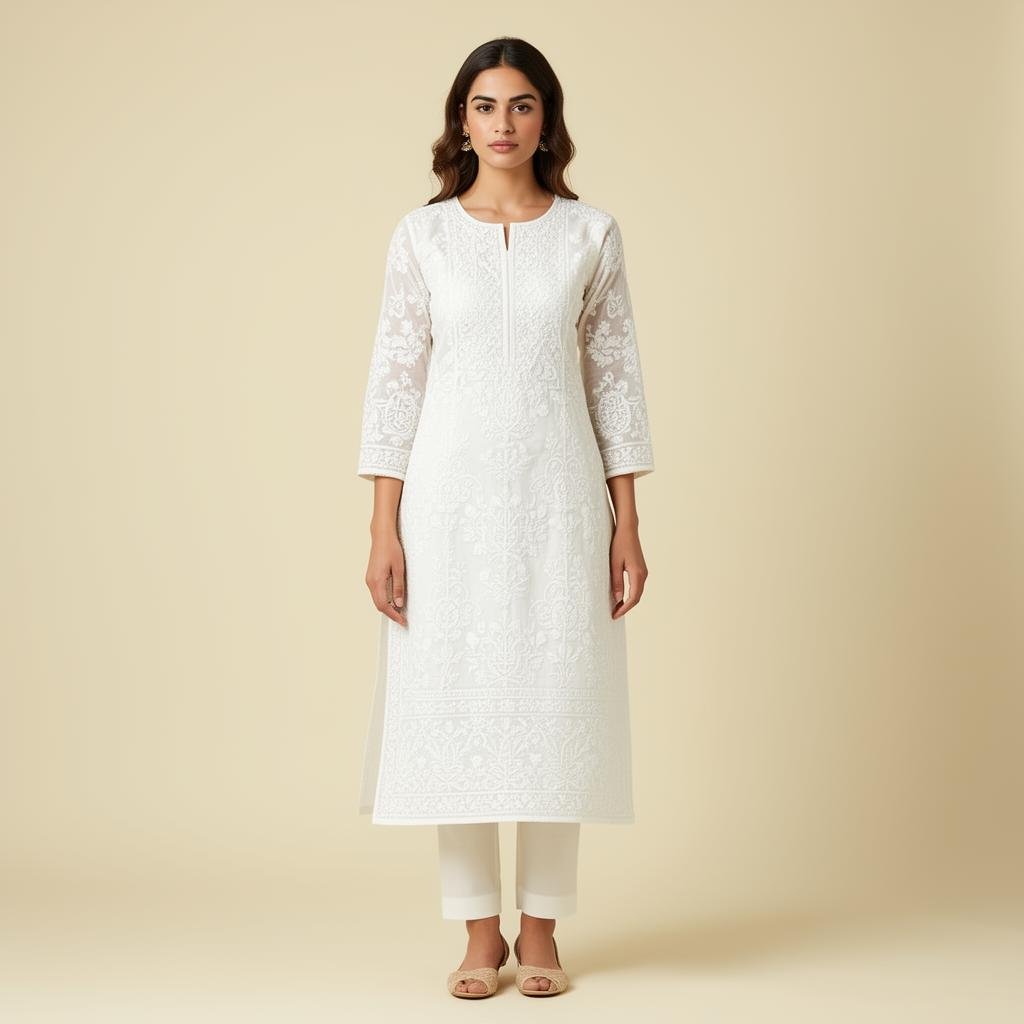 Lucknowi Chikankari Cotton Kurti — White